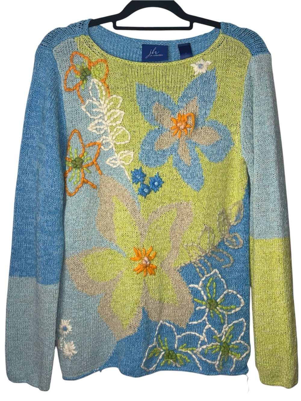 Vintage JH Collectibles Blue & Green Floral Knit Embroidered Sweater Size M